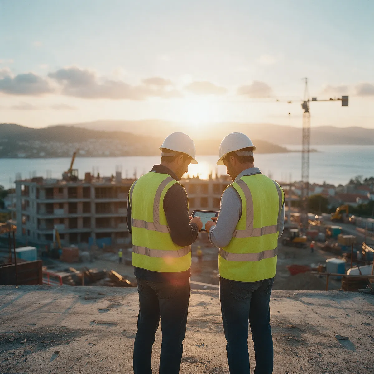 Jefe de obra y cliente revisando planos en obra
