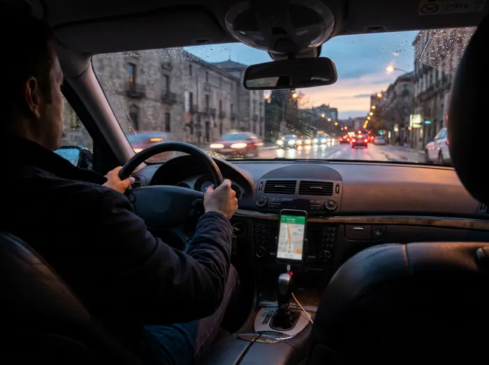 El taxista al volante de noche con la ciudad al fondo